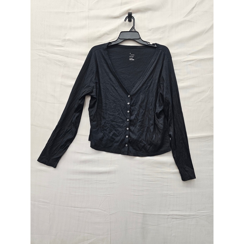 A New Day Womens Cropped Ribbed V-Neck Cardigan Black Cotton Blend Size XXL